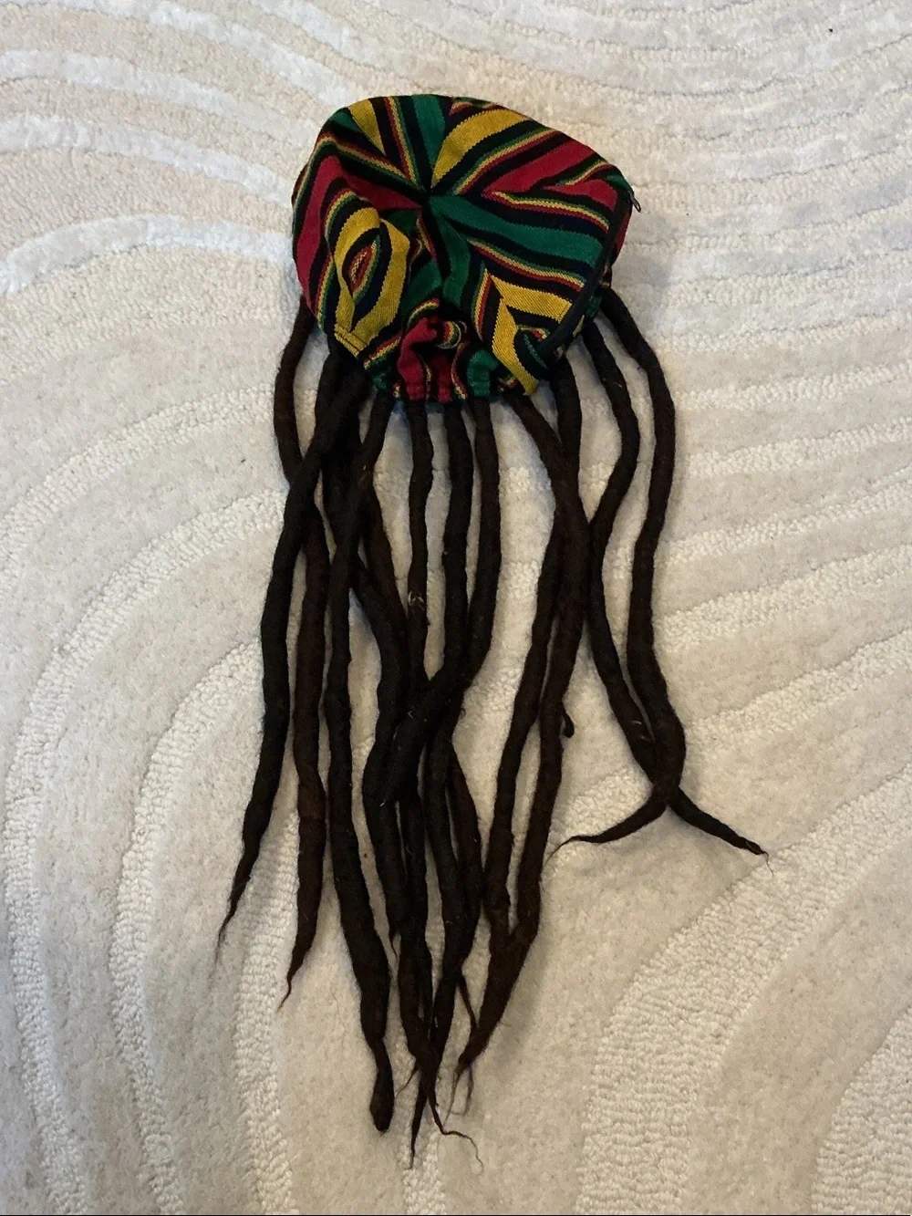 Jamaican Multicolor Rasta Stripe Beanie with Brown Faux Dreadlocks